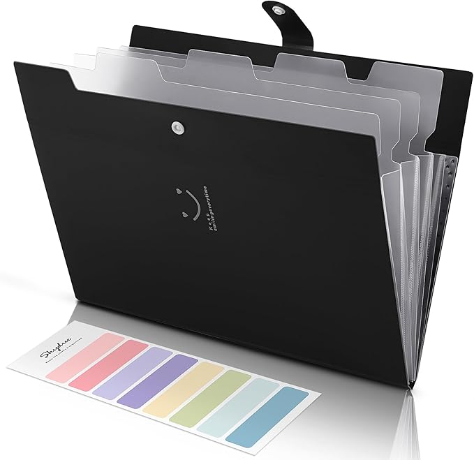 SKYDUE File Folder with 8 Labels, 5 Pockets Accordion Paper Organizer for School and Office，A4 Letter Size，Black