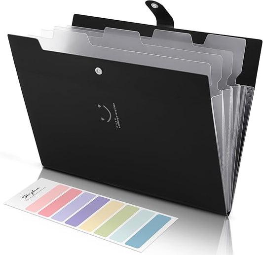 SKYDUE File Folder with 8 Labels, 5 Pockets Accordion Paper Organizer for School and Office，A4 Letter Size，Black