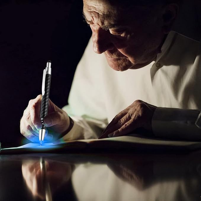 Glovion Lighted Tip Pen with Stylus 3-in-1 - LED Penlight Light Up Pen Light Ballpoint Pen with Light for Writing in The Dark - Pack of 3 - Blue Light - GL006