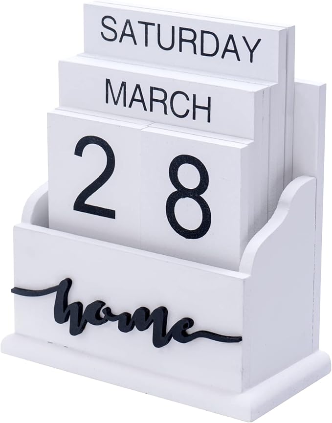 Notakia Perpetual Calendar Wooden Calendar Blocks Vintage Wood Block Calendar for Home Office Desk Accessories Week Month Date Display (White Home Calendar)