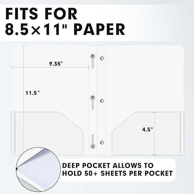 Plastic 2 Pocket Folders with Prongs, 30 Pack, Heavyweight, Letter Size Poly Folders with 3 Metal Prongs Fastener Clips (White)