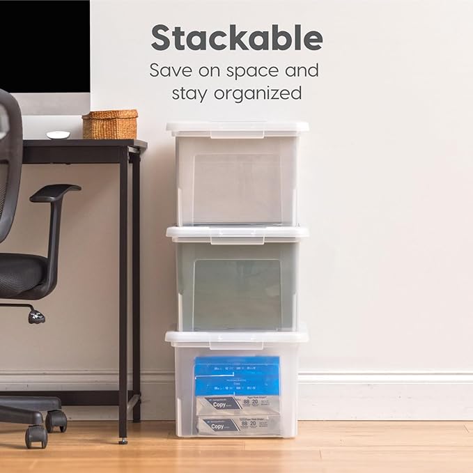 IRIS USA File Box Plastic File Organizer for Letter/Legal File, Document Box, Storage Bin Tote Organizer with Durable and Secure Latching Lid, Stackable, Nestable, BPA-Free, Black 35 Qt. 4 Pack