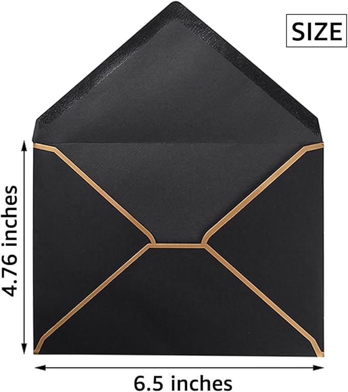50 Pack Black A6 Envelopes 4x6 Self-Adhesive V Flap Envelopes with Gold Border for Office, Greeting Card, Wedding, Graduation, Baby Shower, Parties, Invitations (Black, 4x6)