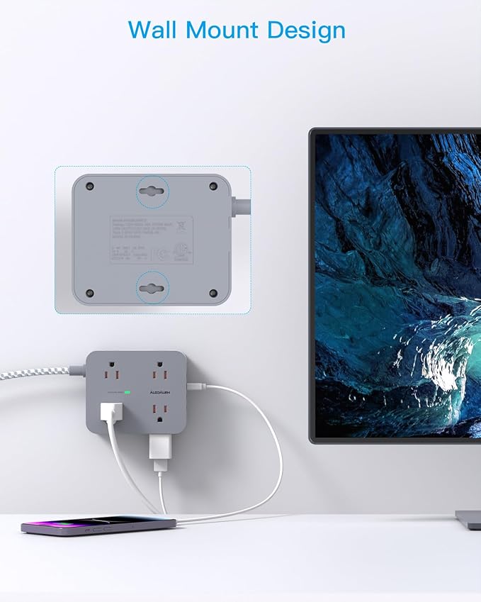 Power Strip with USB C Ports(2 USB C), 8 Outlets Surge Protector with 5 Ft Extension Cord, Flat Plug Wall Mount, Desk Charging Station for Home Office, ETL Listed Gray