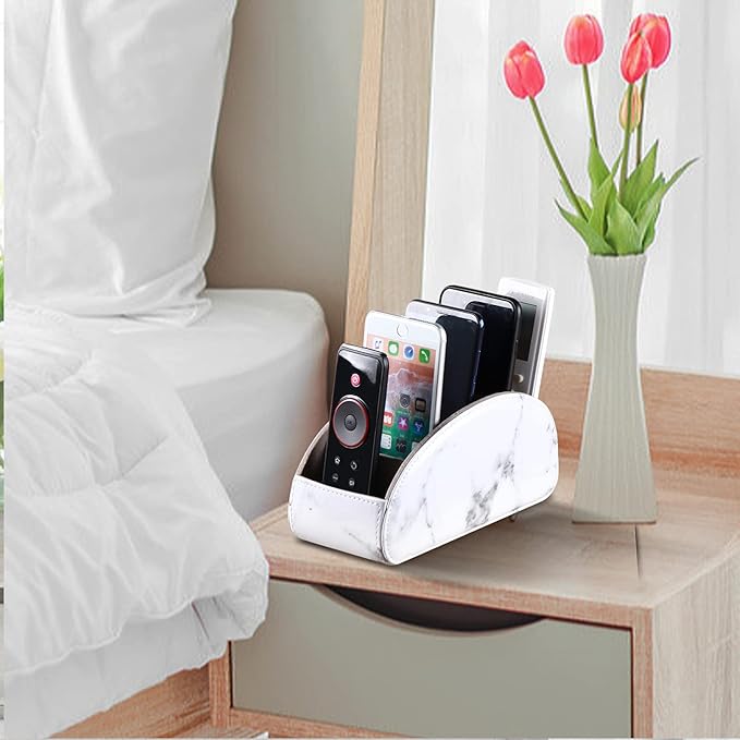 All-in-One Leather White TV Remote Holder with 5 Compartments Nightstand Desktop Media Player Remote Caddy Storage Box Organizer Tray for Mobile Phone Office Stationery