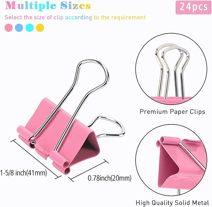 Colorful Binder Clips, 24 Pack, 1.6 Inch, Colorful, Large Clips, Large Binder Clips, Paper Binder Clips, Binder Clips Large Size, Large Paper Clips, Office Clips, Great Binder Clips