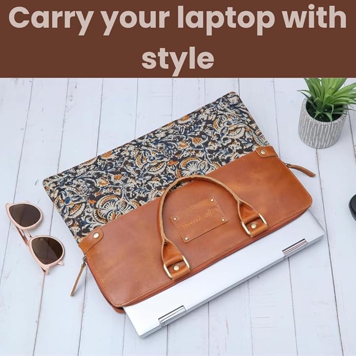 Handcrafted Laptop Bag/Sleeve/Case for Women | Made From Leather With Handblock Fabric - Ideal For 13 Inch Devices