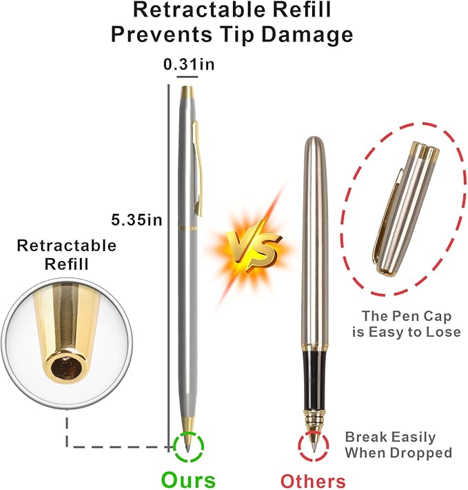 Cambond Black Pens Ballpoint Pens - Fancy Pens Comfortable Writing Gift Mini Conical Sliver Pen Slim Retractable Smooth Writing Bulk 1.0mm Medium Poin, 10 Pack (Silver)