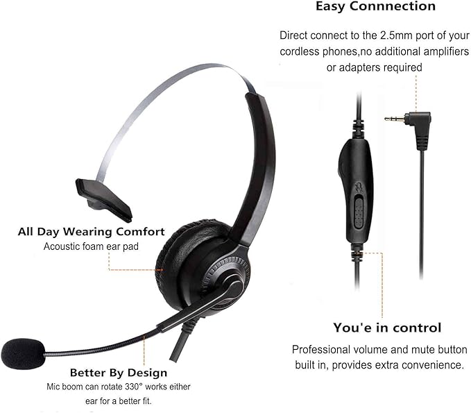 Cosyplus 2.5mm Telephone Headset Monaural with Noise Cancelling Microphone for DECT AT&T ML17929 Vtech Panasonic KX-T7630 Polycom Clarity XLC3.4 Office IP and Cordless Dect Phones（T10）