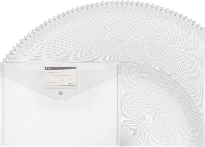 48pcs Plastic Envelopes A4,Letter Size Poly Envelopes with Snap Button,Waterproof Document File Folders with Label Pocket,Document Folders for Office Supplies,School,Home Organization(Transparent)