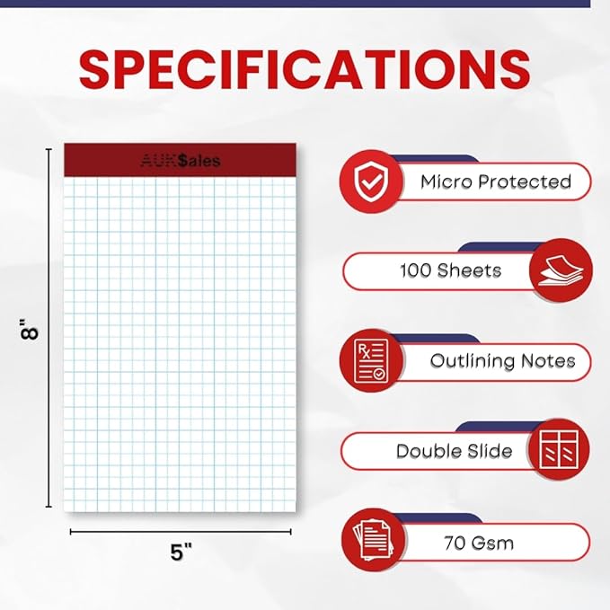 Grid Paper Pad 5x8 Inches – Graph Paper Pad 4x4, Grid Notepad, 3 Pack, 5x8 Graph Paper 1/4 Grid, Graphing Paper, Engineering Pad – 100 Sheets 200 Pages Perforated Pad for School, Home, & Office