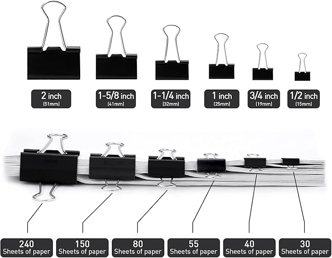 Binder Clips, 24 Pack, 1.6 Inch, Non-Standard 41mm, Black, Capacity 0.66 Inch, Large Binder Clips, Paper Binder Clips, Large Paper Clips, Office Clips, Great Binder Clips