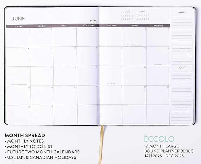 Eccolo 2025 Large Agenda Planner, 12 Month, Yearly, Monthly & Weekly Pages, Habit & Gratitude Tracker (Linen Flexi-Cover - 8 x 10")