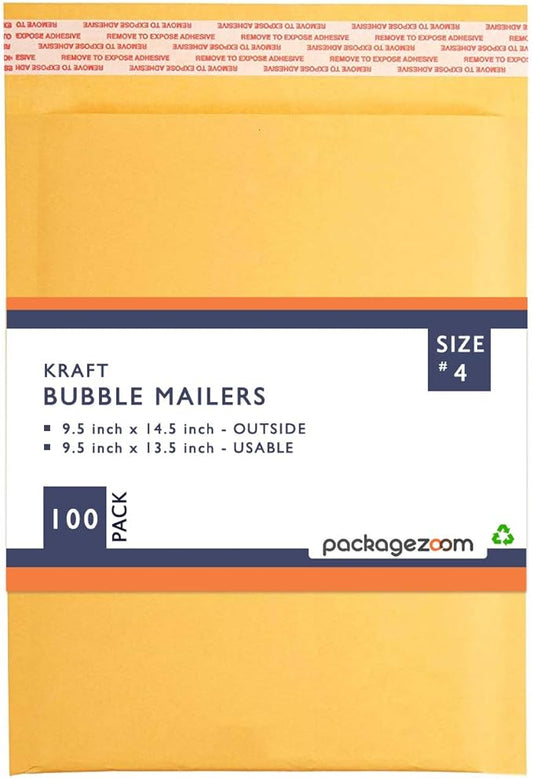 PackageZoom #4 9.5 x 14.5 Padded Envelopes Kraft Bubble Mailer Shipping Envelopes 100 Pack