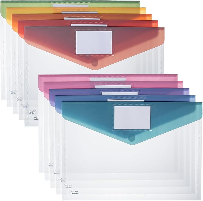 Mr. Pen- Clear Plastic Envelopes with Snap Closure, 10 Pack, A4, Letter Size, Colorful Flaps, Clear Folders for Documents Plastic Envelopes for Documents