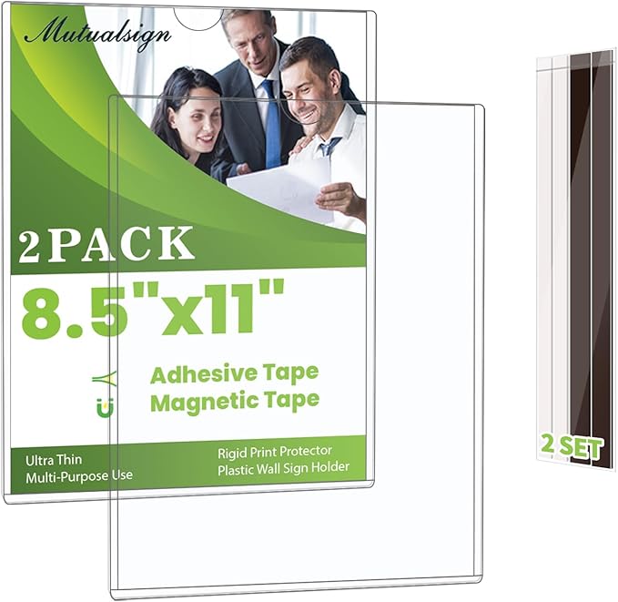 2 Pcs Wall Sign Holder 8.5"x11" Magnetic Sign Holder, Rigid Print Protectors with Magnet Strips and Adhesive Strips, Wall Mount Plastic Paper Holder for Office Store Home Window Display (Clear)