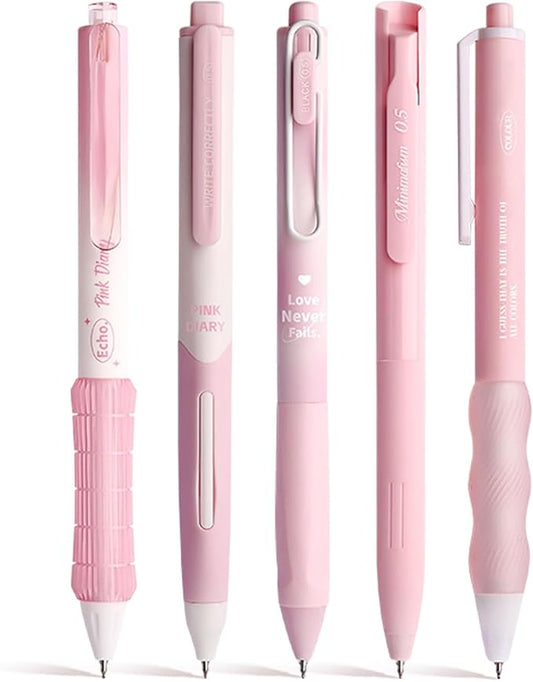 5 Count Pastel Gel Ink Pen Set,Cute Note Taking 0.5mm Fine Point Retractable 5 Count Black Ink Pens for Writing, Journaling, School, Office (Light Pink)