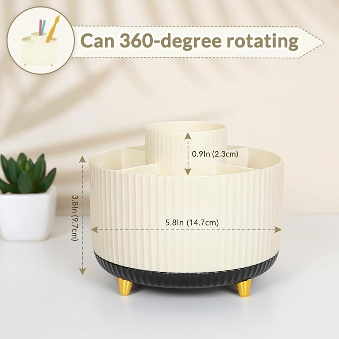 SKYDUE 360 Degree Rotating Desk Organizer, Dual-Purpose Pencil Pen Holder for Desk, Rotating Desk Pen Organizer with 5 Slots, Pencil Cup for Office, School, Home (Beige-Black)