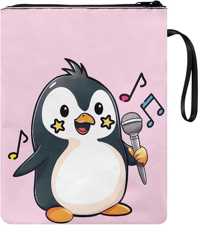 COEQINE Singing Penguin Book Covers for Paperbacks 9x11 Teens Girls Book Sleeves Pink Book Sleeves for Book Lovers Portable Chain Front Pocket