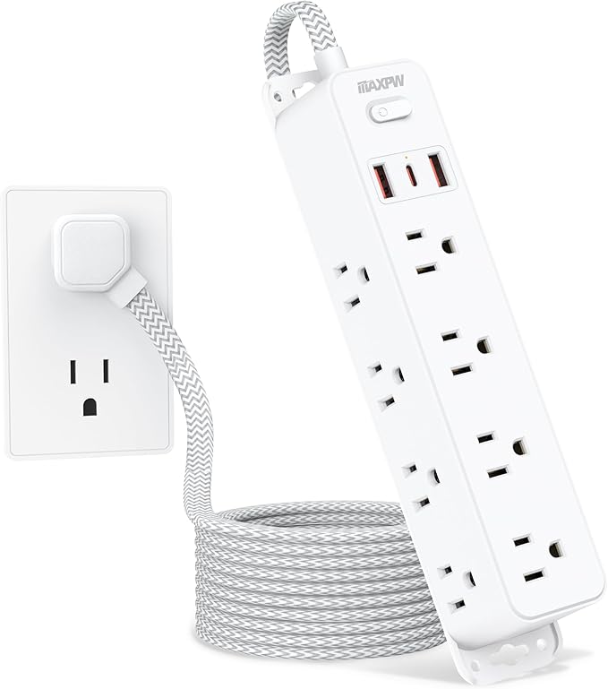 Surge Protector Power Strip with 12 Outlets and 3 USB Ports (1 USB C), 5 Ft Braided Flat Plug Extension Cord, Wall Mount Outlet Extender, 1700 Joules, Desk Charging Station for Home Office Dorm, White