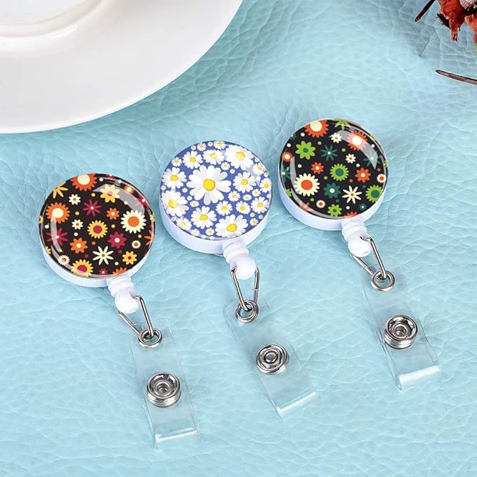 Retractable ID Badge Holder Nurse Badge Reels with Clip Name Card Holders for Office Worker Doctor Nurse (3Pack Beatiful Daisy Flowers)