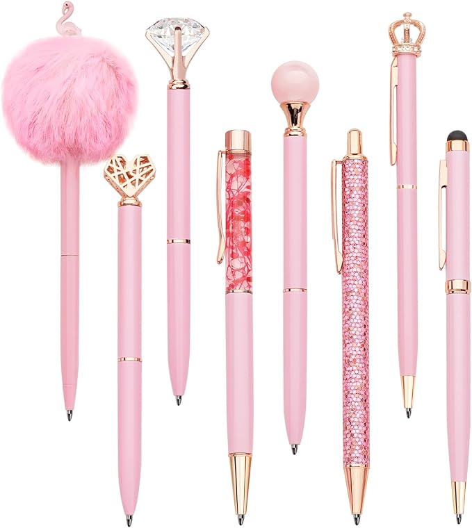 WEMATE 8Pcs Ballpoint Pens Set Metal Crystal Diamond Glitter for Journaling Pink Pen Bling in Black & Blue Ink Pretty Cute Fancy Gifts for Women Wedding School Office Desk(Pink)