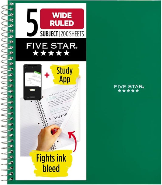 Five Star Spiral Notebook + Study App, 5 Subject, Wide Ruled Paper, Fights Ink Bleed, Water Resistant Cover, 8" x 10-1/2", 200 Sheets, Forest Green (73441)