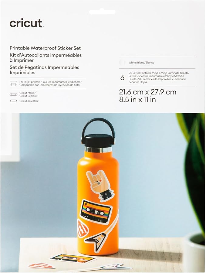 Cricut Waterproof Sticker Paper - US Letter Size (8.5in x 11in), Sticker Paper for Printer, Compatible with Cricut Maker, Explore 3, & Cricut Joy Xtra, White (6 Ct)