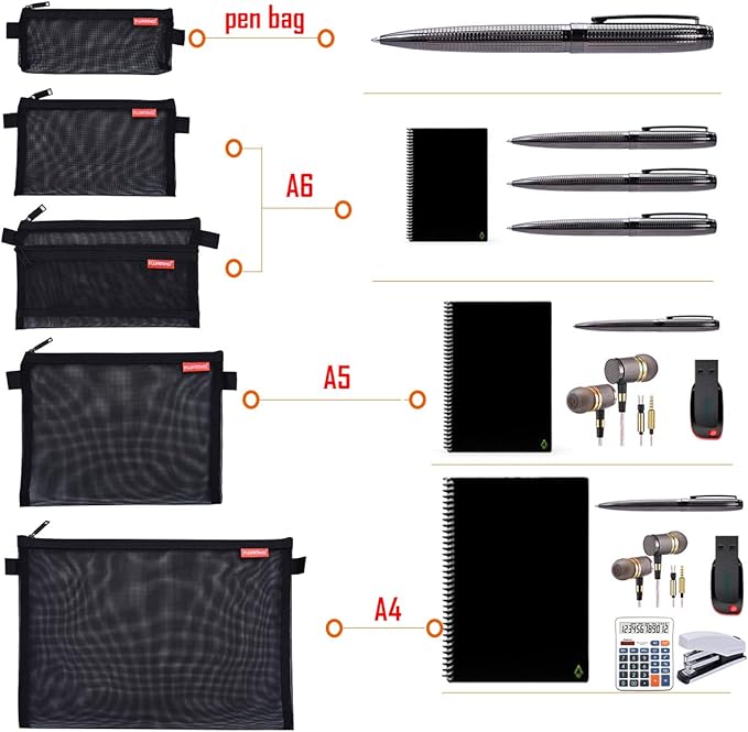 Pendancy Mesh Zipper Pouch 5pcs Lightweight Nylon File Folders Document Organizer Cosmetic Bags Accessories Storage for Travel and Office Supplies (Black, A4 A5 A6)