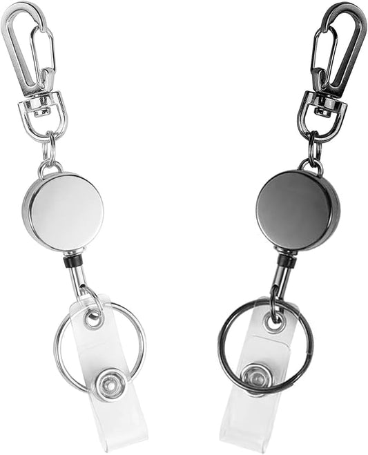 2 Pack Metal Retractable Badge Holder Reel with Key Ring Carabiner Key Chain Rings for Nurse,Teacher,Student,Office Workers (Silver,Black)
