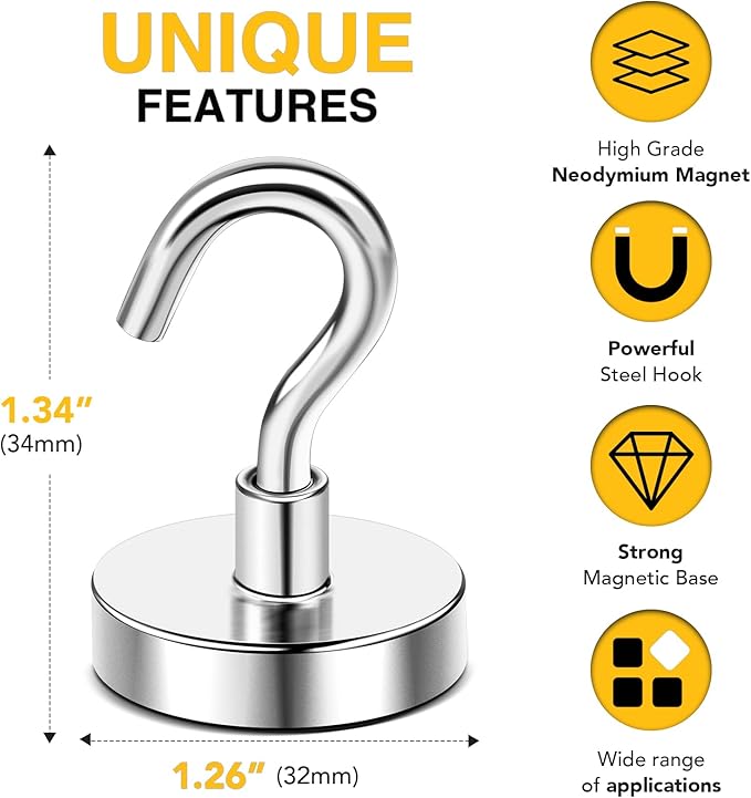 DIYMAG Magnetic Hooks, 118 LB Heavy Duty Strong Magnet with Hooks, Strong Rare Earth Neodymium Magnet Hooks for Hanging, Magnetic Hanger for Curtain, Home, Kitchen, Workplace, 20 Packs