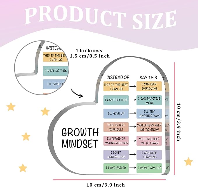 Growth Mindset Decor, Therapy Office Mental Health Classroom Art Educational Change Your Mindset Decorations Acrylic Heart Inspirational Gift Positive Sayings Inspirational Gifts for Teacher Students
