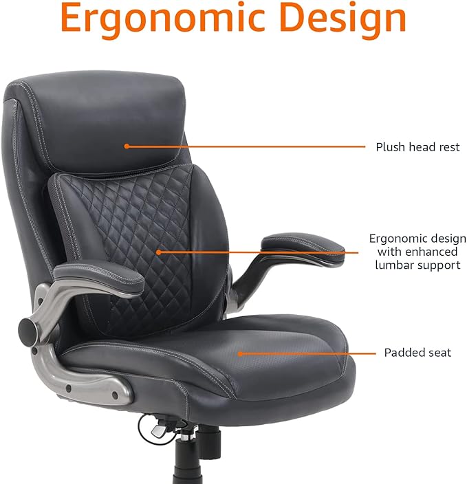 Amazon Basics Ergonomic Desk Office Chair, Flip-up Armrests, Adjustable Height, Grey Leather