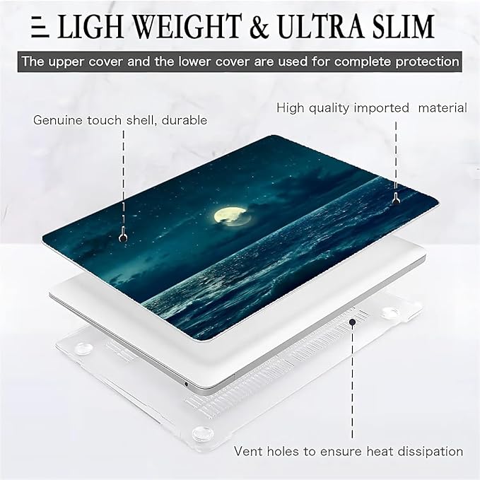 Compatible with 15 Inch MacBook Air A2941 M2 2023, Night Sea Beach Moon Ocean Landscape Hard Plastic Shell Cover Case