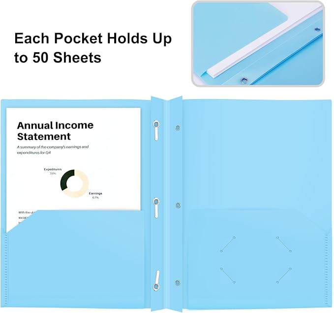 ViVin Heavy Duty 2-Pocket Folders with Brads, Pastel Color, 12-Pack, Durable Plastic Folder with 3-Prong Fasteners, Holds US Letter Size Paper, for School, Home and Office (Light Blue)
