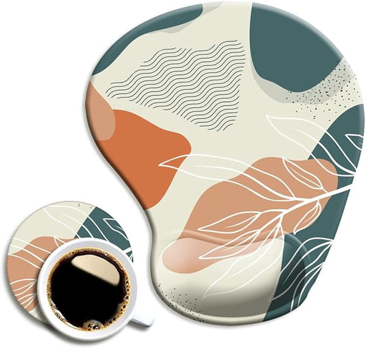 DOOKE Ergonomic Mouse Pad with Wrist Support and Coaster,Mouse Pads with Non-Slip PU Base for Home Office Working Studying Easy Typing & Pain Relief Leaf Abstract