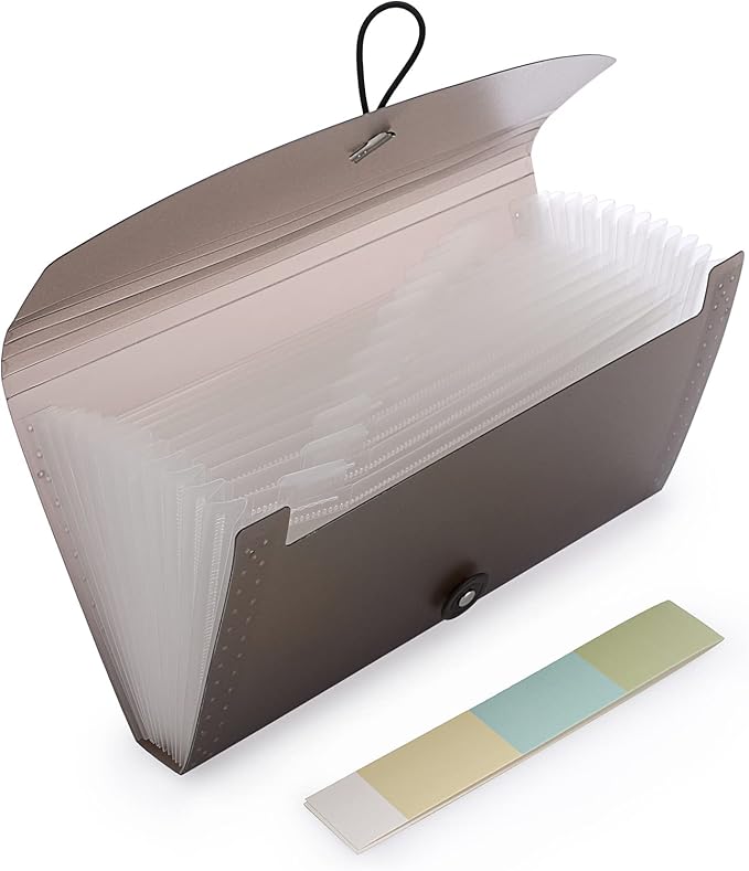 BTSKY Expanding File Folder –New 13 Pockets Small Accordion File Folder Expandable Card Ticket Holder File Storage Folder Check Bill File Folder Plastic Wallet Case (Coffee Translucent)