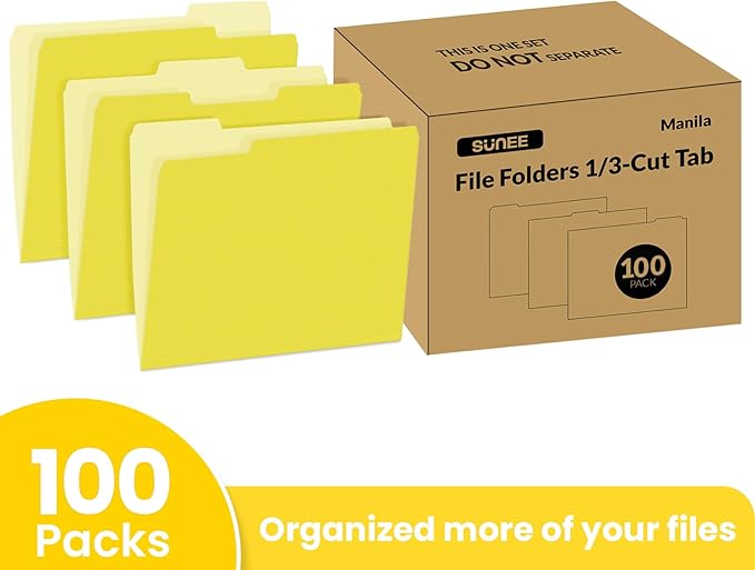 SUNEE File Folders Letter Size Yellow, 100 Pack Manilla Folders 8.5 x 11 1/3-Cut Tabs, Colored File Folders Office Home School for Documents Files Paper