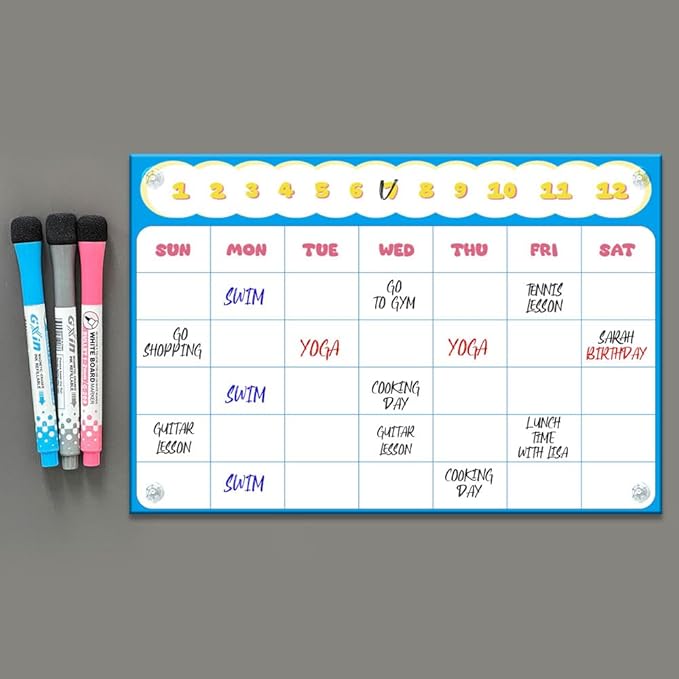 GEEKBEAR Dry Erase Refrigerator Calendar with 3 Markers - Attachable to Any Fridge with Special Suction Cups - Monthly and Weekly Designs, Acrylic - 15.7" x 10.6" (08. Cloud, Monthly)