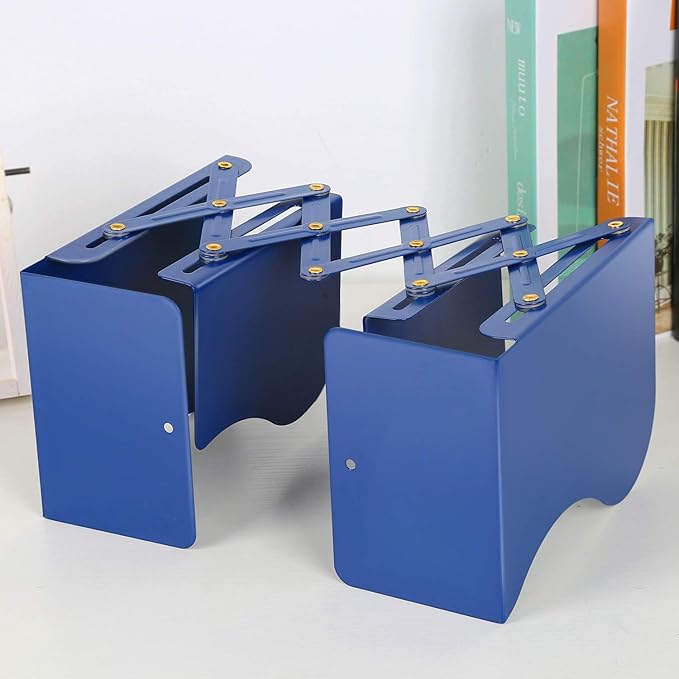 Adjustable Bookends, Heavy Duty Metal Book Ends for Book, 2 Dividers, Nonslip Book Stander for Desk, Shelf, Office, Stationery Gift, Extends up to 19 inches (Blue)