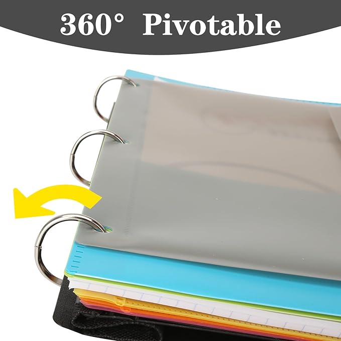 Pivotable Refillable Notebook, 3 Ring Binder Notebooks 1 Inch, Notebook with Dividers and Pockets, Folder Notebook, Flexible Binder, Soft Binders 3 Ring, Foldable Binder- Black