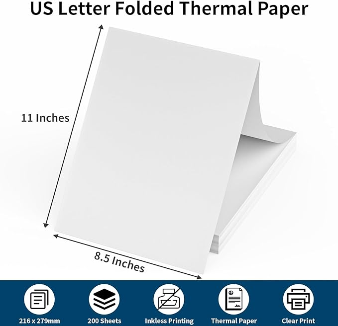 200 Sheets Thermal Printer Paper 8.5''×11'' US Letter Size Thermal Paper Compatible with Peripage, Munbyn, Jadens, HPRT, Phomemo Letter Portable Printer, Folded, Continuous, Perforated Thermal Paper