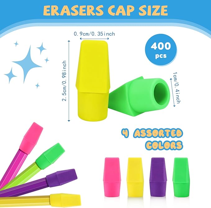PRALB 400PCS Pencil Top Eraser Bulk Caps for Pencils,Chisel Shape Erasers Toppers Assorted Colors for Party Favors Games Prizes, Pencil Top Erasers Cap for Home School Classroom Office,Color 3
