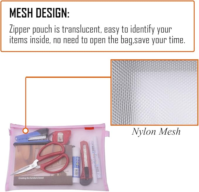 Pendancy Mesh Zipper Pouch 5pcs Lightweight Nylon File Folders Document Organizer Cosmetic Bags Accessories Storage for Travel and Office Supplies(Pink, A4 A5 A6)