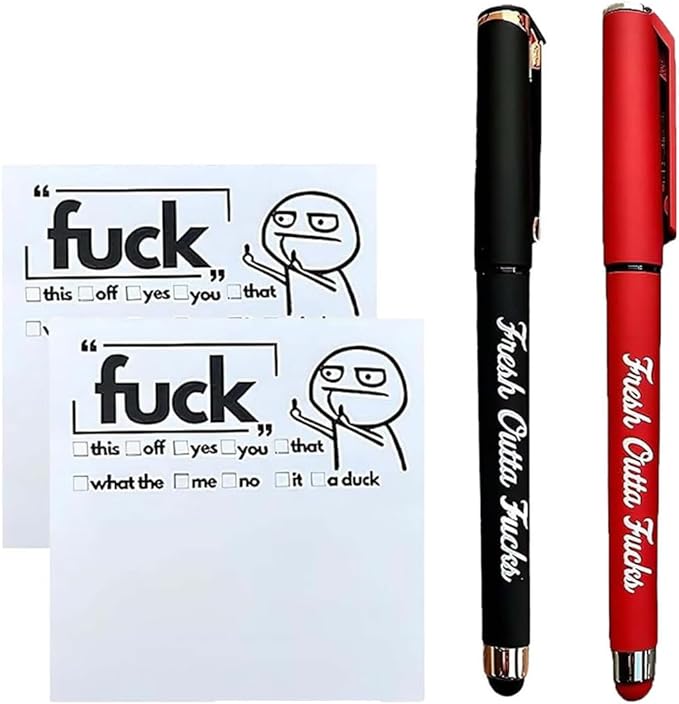 Fresh Outta Fucks Pad and Pen Funny Sticky Notes and Pen Set White Elephant Gift Novelty Pen Funny Desk Accessory Fun Gifts for Friends (Red+Black)