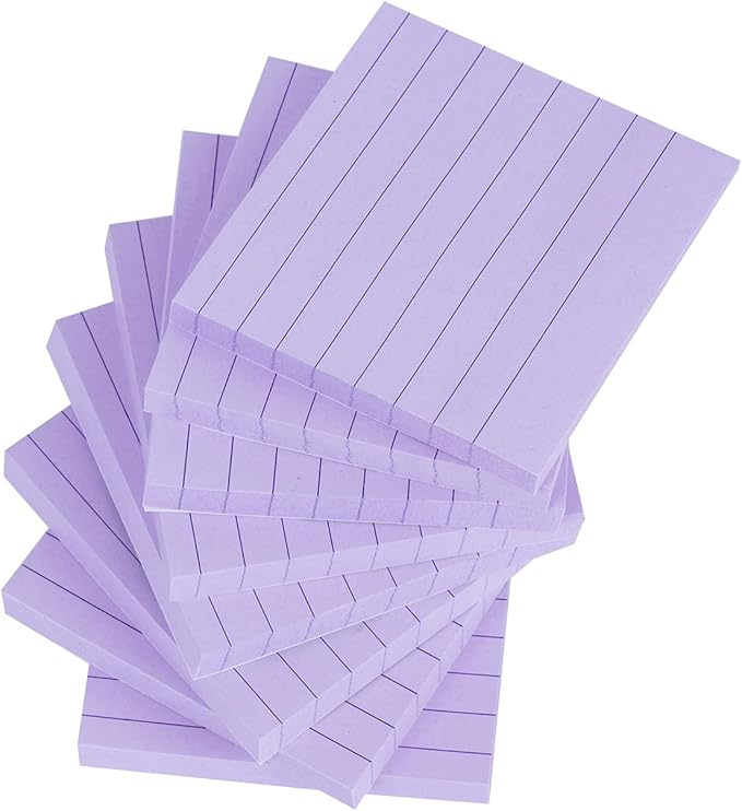 Vanpad Lined Sticky Notes 3x3 Inches, Light Purple Ruled Self-Stick Pads, Easy to Post for Home, Office, Notebook, 8 Pads/Pack