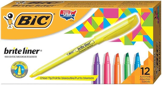 BIC Brite Liner Highlighter, Chisel Tip For Broad Highlighting and Fine Underlining, Assorted Colors, 12-Count (Pack of 18, 216 Count Total)