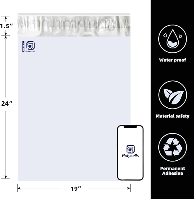 POLYSELLS 100 pcs 19x24 Inches White x Silver Poly Mailers Shipping Envelopes, Strong Adhesive Sealing, Waterproof, and Tear-resistant Postal Mailing Bags for Clothing, Books, and Accessories