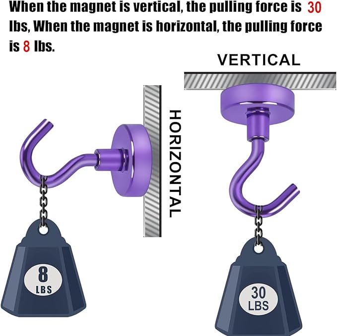DIYMAG Magnetic Hooks Heavy Duty, 30Lbs Rare Earth Neodymium Magnet Hooks with Nickel Coating for Kitchen, Garage, Cruise, Classroom, Workplace and Office etc, (Purple，Pack of 3)