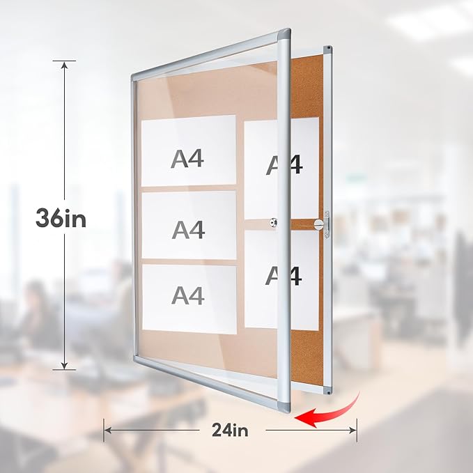 Outdoor Enclosed Cork Bulletin Board Tamper-Proof Dispaly Case, Aluminium Frame, Weatherproof Cork Noticeboard, Enclosed Cork Board for School, Office, Restaurant, Hospital etc（36 * 24inches）